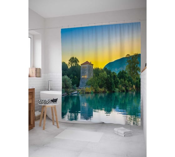 Штора (занавеска) для ванной JoyArty "Темница у реки" из сатена, 180х200 см с крючками, sc_16617