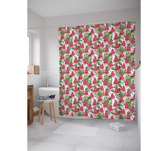 Штора (занавеска) для ванной JoyArty "Тропические арбузы" из сатена, 180х200 см sc_378598 1