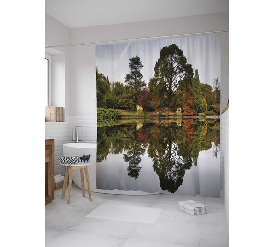Штора (занавеска) для ванной JoyArty "Парк с озером" из сатена, 180х200 см с крючками, sc_10287 1