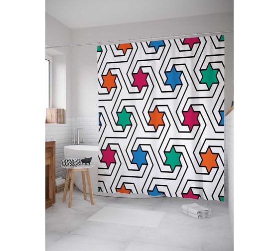 Штора (занавеска) для ванной JoyArty "Узоры со звездами" из сатена, 180х200 см с крючками, sc_18388 1