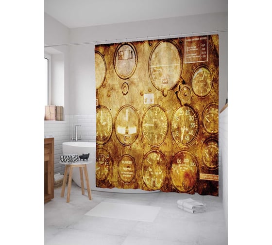 Штора (занавеска) для ванной JoyArty "Винтажные приборы" из сатена, 180х200 см с крючками, sc_15631 1