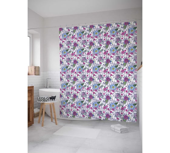 Штора (занавеска) для ванной JoyArty "Цветочная материя" из сатена, 180х200 см с крючками, sc_17932