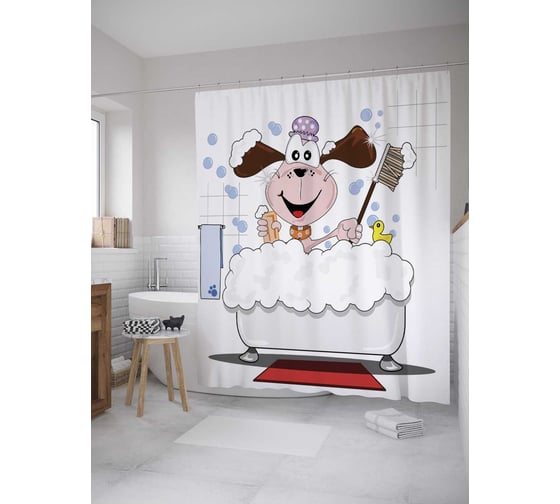 Штора (занавеска) для ванной JoyArty "Купающийся пес" из сатена, 180х200 см с крючками, sc_10379 1
