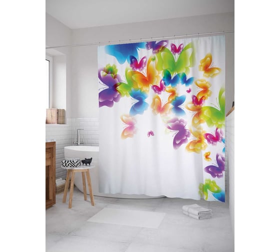 Штора (занавеска) для ванной JoyArty "Радуга из бабочек" из сатена, 180х200 см с крючками, sc_15882 1