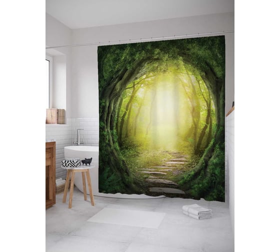 Штора (занавеска) для ванной JoyArty "Проход к лесной магии" из сатена, 180х200 см с крючками, sc_20168 1