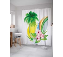 Штора (занавеска) для ванной JoyArty "Цветы под пальмой" из сатена, 180х200 см с крючками, sc_15636