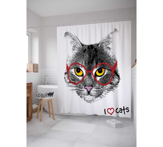 Штора (занавеска) для ванной JoyArty "Я люблю котов" из сатена, 180х200 см с крючками, sc_15571 1