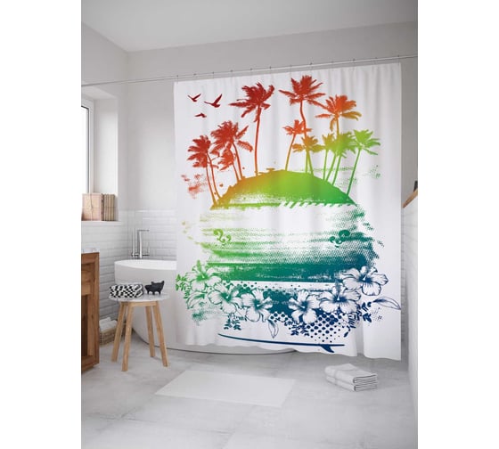 Штора (занавеска) для ванной JoyArty "Цветная фантазия на острове" из сатена, 180х200 см с крючками, sc_15508