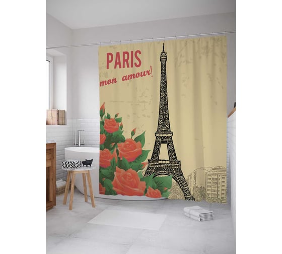 Штора (занавеска) для ванной JoyArty "Влюбленный Париж" из сатена, 180х200 см с крючками, sc_15475 1