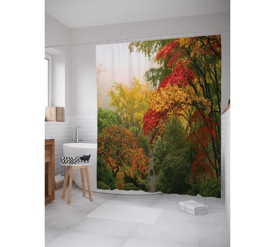 Штора (занавеска) для ванной JoyArty "Туманность за лесом" из сатена, 180х200 см с крючками, sc_15326 1