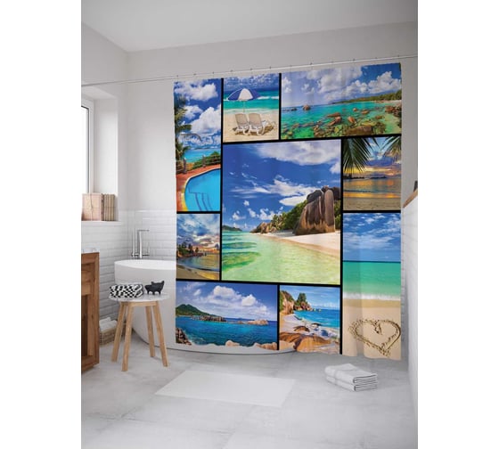 Штора (занавеска) для ванной JoyArty "Морские воспоминания" из сатена, 180х200 см с крючками, sc_18443 1