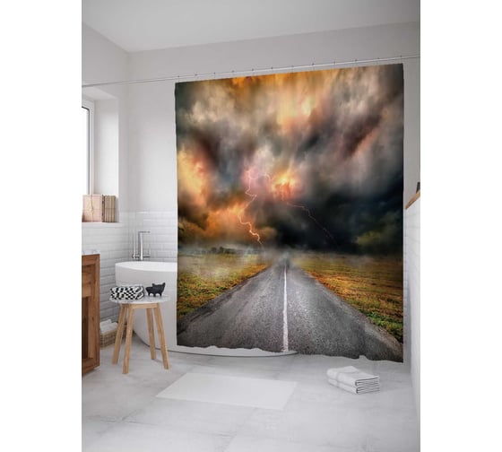 Штора (занавеска) для ванной JoyArty "Грозовая дорога" из сатена, 180х200 см с крючками, sc_16309 1
