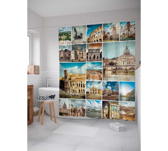 Штора (занавеска) для ванной JoyArty "Античный коллаж" из сатена, 180х200 см с крючками, sc_18454 1