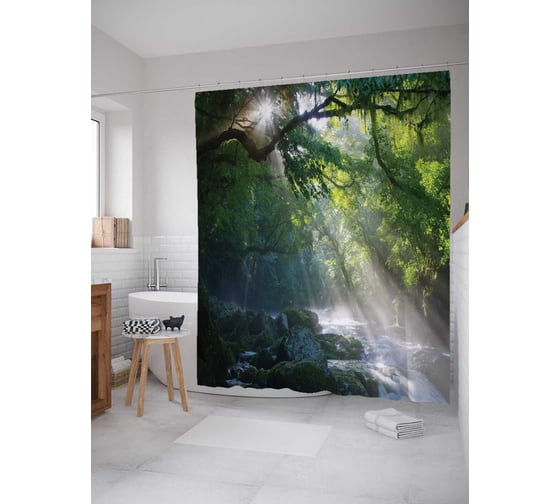 Штора (занавеска) для ванной JoyArty "Солнце пробивается через лес" из сатена, 180х200 см с крючками, sc_16282 1