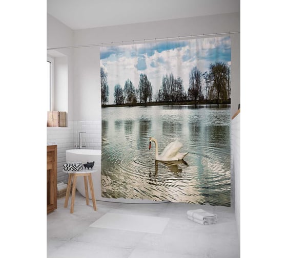 Штора (занавеска) для ванной JoyArty "Лебедь на охоте" из сатена, 180х200 см с крючками, sc_18480 1