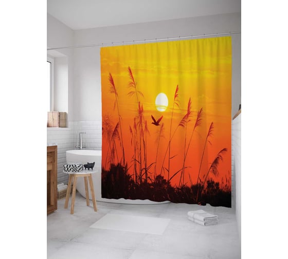 Штора (занавеска) для ванной JoyArty "Летим в закат" из сатена, 180х200 см с крючками, sc_16697 1