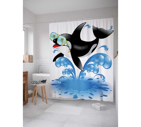 Штора (занавеска) для ванной JoyArty "Касатка в очках" из сатена, 180х200 см с крючками, sc_18491 1