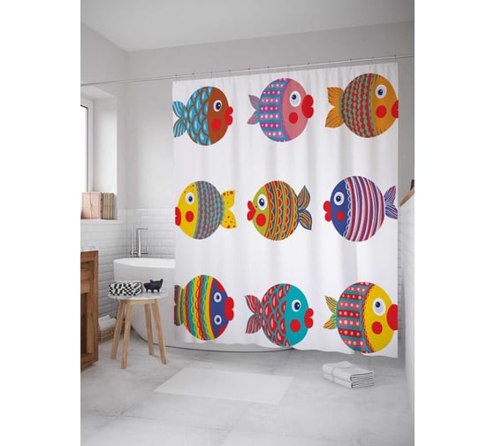 Штора (занавеска) для ванной JoyArty "Воображаемые рыбки" из сатена, 180х200 см с крючками, sc_18492 1