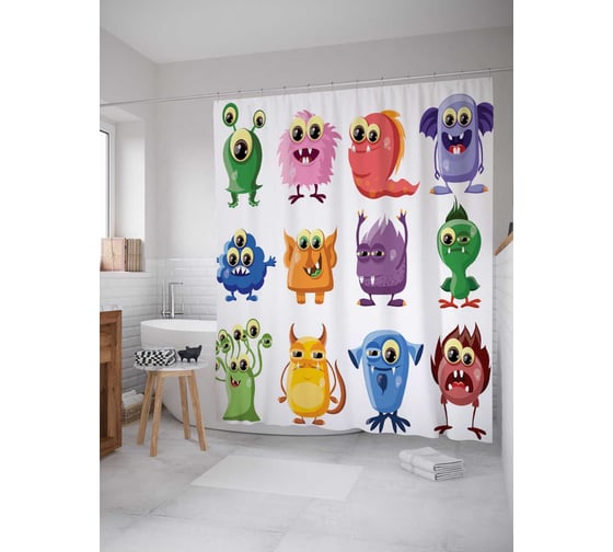 Штора (занавеска) для ванной JoyArty "Обаятельные монстрики" из сатена, 180х200 см с крючками, sc_18490 1