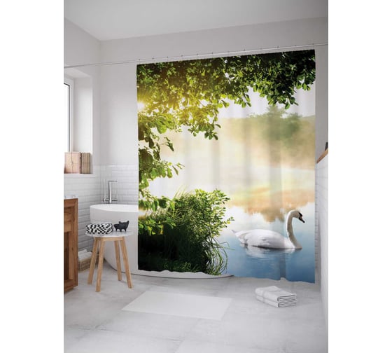 Штора (занавеска) для ванной JoyArty "Лебедь на пруду" из сатена, 180х200 см с крючками, sc_18484 1