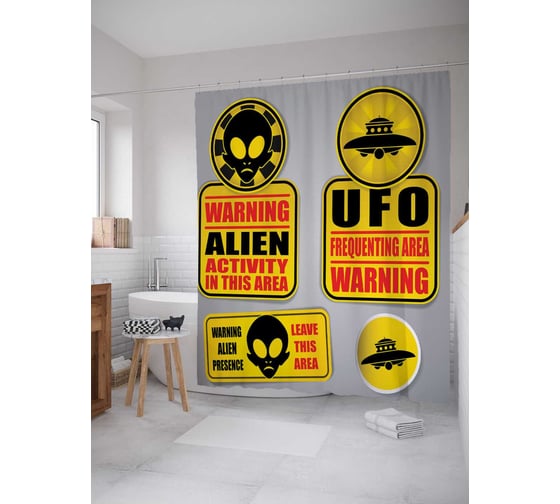 Штора (занавеска) для ванной JoyArty "Инопланетное предупреждение" из сатена, 180х200 см с крючками, sc_19580 1