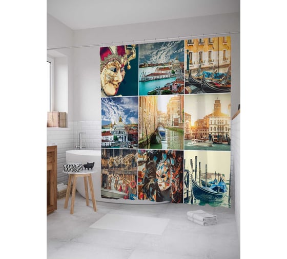 Штора (занавеска) для ванной JoyArty "Краткая история" из сатена, 180х200 см с крючками, sc_18471 1