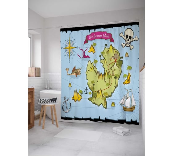 Штора (занавеска) для ванной JoyArty "Вперед за сокровищами" из сатена, 180х200 см с крючками, sc_19205