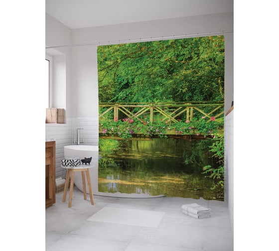 Штора (занавеска) для ванной JoyArty "Мостовые цветы" из сатена, 180х200 см с крючками, sc_10395 1