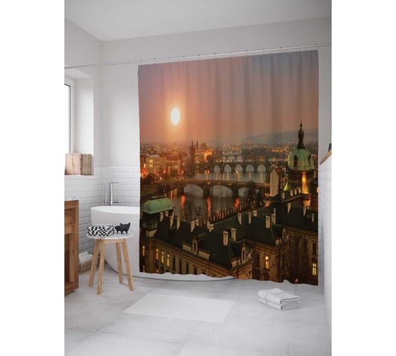 Штора (занавеска) для ванной JoyArty "Мосты Праги на закате" из сатена, 180х200 см с крючками, sc_14431 1