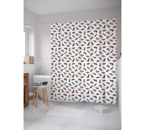 Штора (занавеска) для ванной JoyArty "Автомобильное безумие" из сатена, 180х200 см с крючками, sc_18243