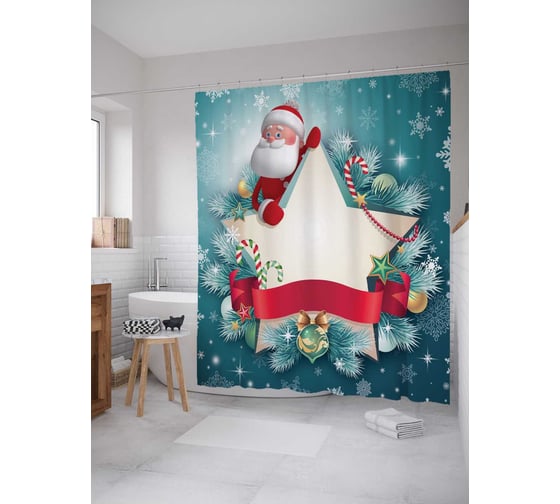 Штора (занавеска) для ванной JoyArty "Новогодняя звезда" из сатена, 180х200 см с крючками, sc_19379 1