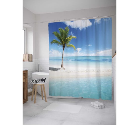 Штора (занавеска) для ванной JoyArty "Одинокая пальма на пляже" из сатена, 180х200 см с крючками, sc_10051 1
