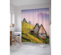 Штора (занавеска) для ванной JoyArty "Домы на холмах" из сатена, 180х200 см с крючками, sc_14893