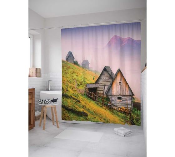 Штора (занавеска) для ванной JoyArty "Домы на холмах" из сатена, 180х200 см с крючками, sc_14893 1