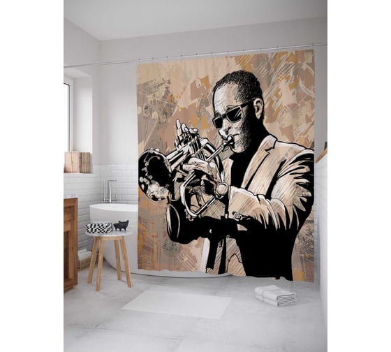 Штора (занавеска) для ванной JoyArty "Стильный трубач" из сатена, 180х200 см с крючками, sc_16689 1