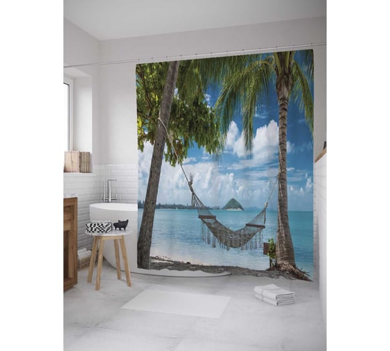 Штора (занавеска) для ванной JoyArty "Тихий пляж" из сатена, 180х200 см с крючками, sc_10158 1