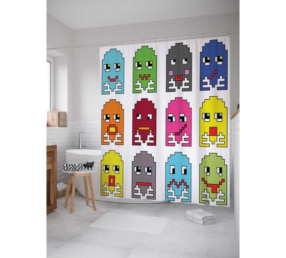 Штора (занавеска) для ванной JoyArty "Игровые призраки" из сатена, 180х200 см с крючками, sc_16784 1