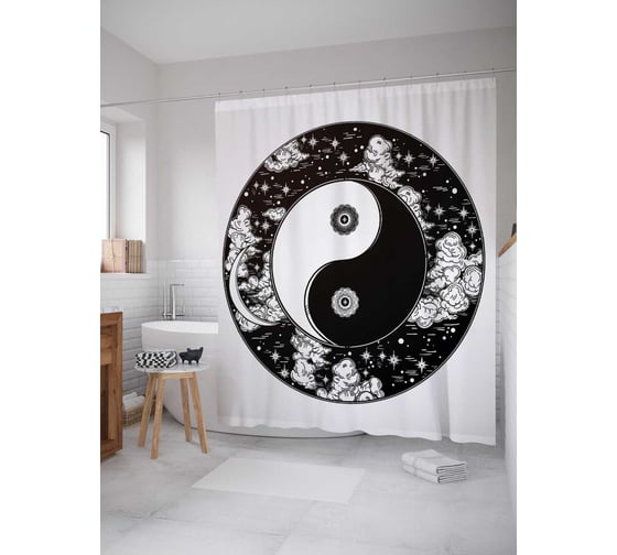Штора (занавеска) для ванной JoyArty "Космический баланс" из сатена, 180х200 см с крючками, sc_19240