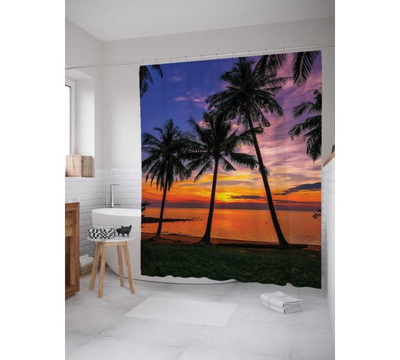 Штора (занавеска) для ванной JoyArty "Отдых возле пальм" из сатена, 180х200 см с крючками, sc_2388 1