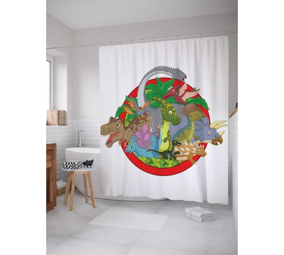 Штора (занавеска) для ванной JoyArty "Круг динозавров" из сатена, 180х200 см с крючками, sc_12661 1