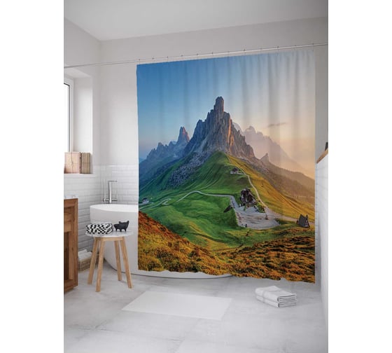 Штора (занавеска) для ванной JoyArty "Зеленые горы" из сатена, 180х200 см с крючками, sc_19297 1