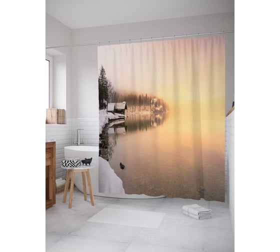 Штора (занавеска) для ванной JoyArty "Зимнее поместье на берегу" из сатена, 180х200 см с крючками, sc_15177 1