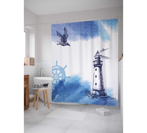 Штора (занавеска) для ванной JoyArty "Чайка у маяка" из сатена, 180х200 см с крючками, sc_19656 1