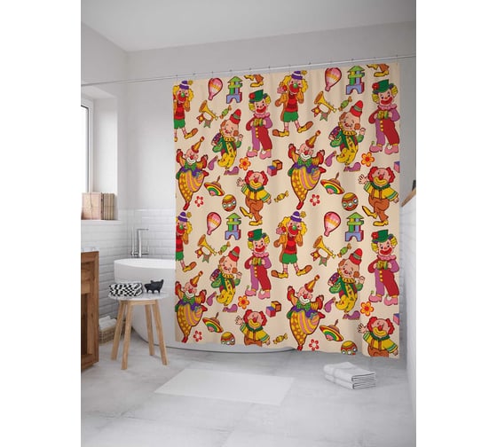 Штора (занавеска) для ванной JoyArty "Клоунский смех" из сатена, 180х200 см с крючками, sc_12739 1