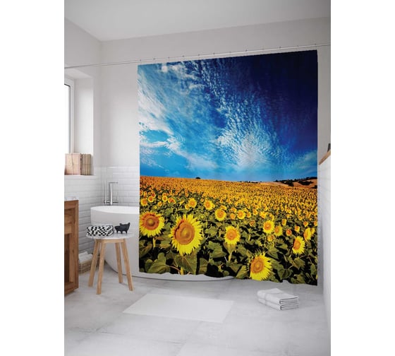 Штора (занавеска) для ванной JoyArty "Море подсолнухов" из сатена, 180х200 см с крючками, sc_19321 1