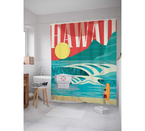 Штора (занавеска) для ванной JoyArty "Отдых на Гавайях" из сатена, 180х200 см с крючками, sc_14988 1