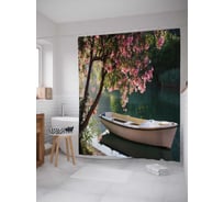 Штора (занавеска) для ванной JoyArty "Лодка под цветущим деревом" из сатена, 180х200 см с крючками, sc_2517