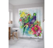 Штора (занавеска) для ванной JoyArty "Пара попугаев в цветах" из сатена, 180х200 см с крючками, sc_14985