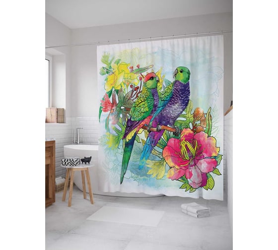Штора (занавеска) для ванной JoyArty "Пара попугаев в цветах" из сатена, 180х200 см с крючками, sc_14985 1
