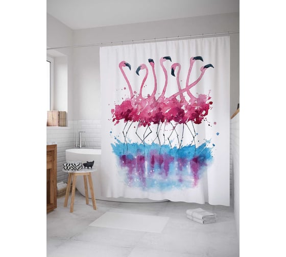 Штора (занавеска) для ванной JoyArty "Фламинго акварелью" из сатена, 180х200 см с крючками, sc_25199 1